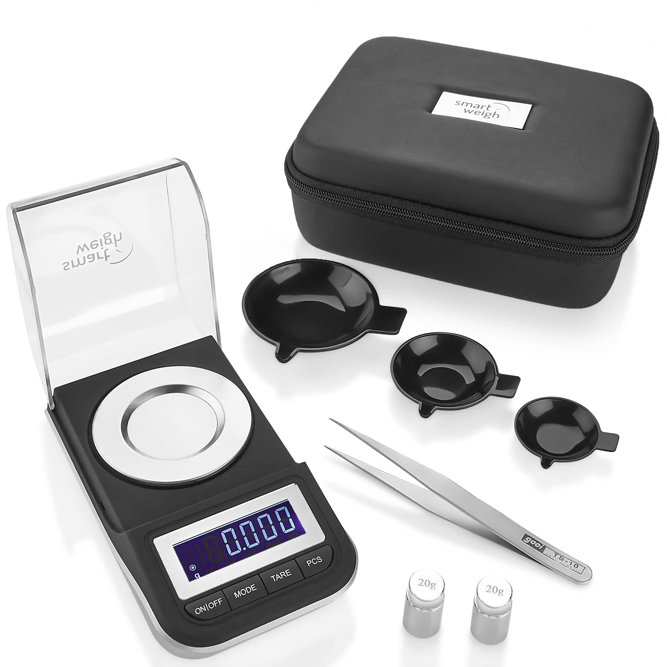 Smart Weigh 50g x 0.001g High Precision Digital Milligram Scale with Tweezers, Calibration Weights & 3 Weighing Pans - Portable Jewelry Scale for Gold, Silver, Diamonds, Medicine & Lab Use - Includes Protective Case