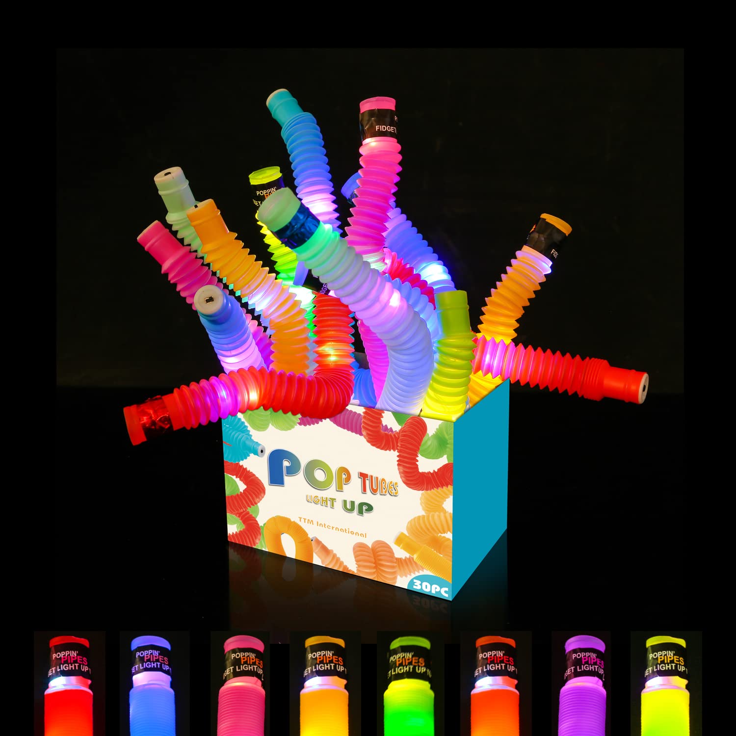 TTM International Mini Pop Tubes Sensory Toys - 15 Pack Stretchy LED Light Up Fidget Toys for Kids & Adults, Stress Relief Party Favors with Glow in The Dark Effects - Perfect for Classroom, Birthday Parties, Autism Therapy and Anxiety Relief