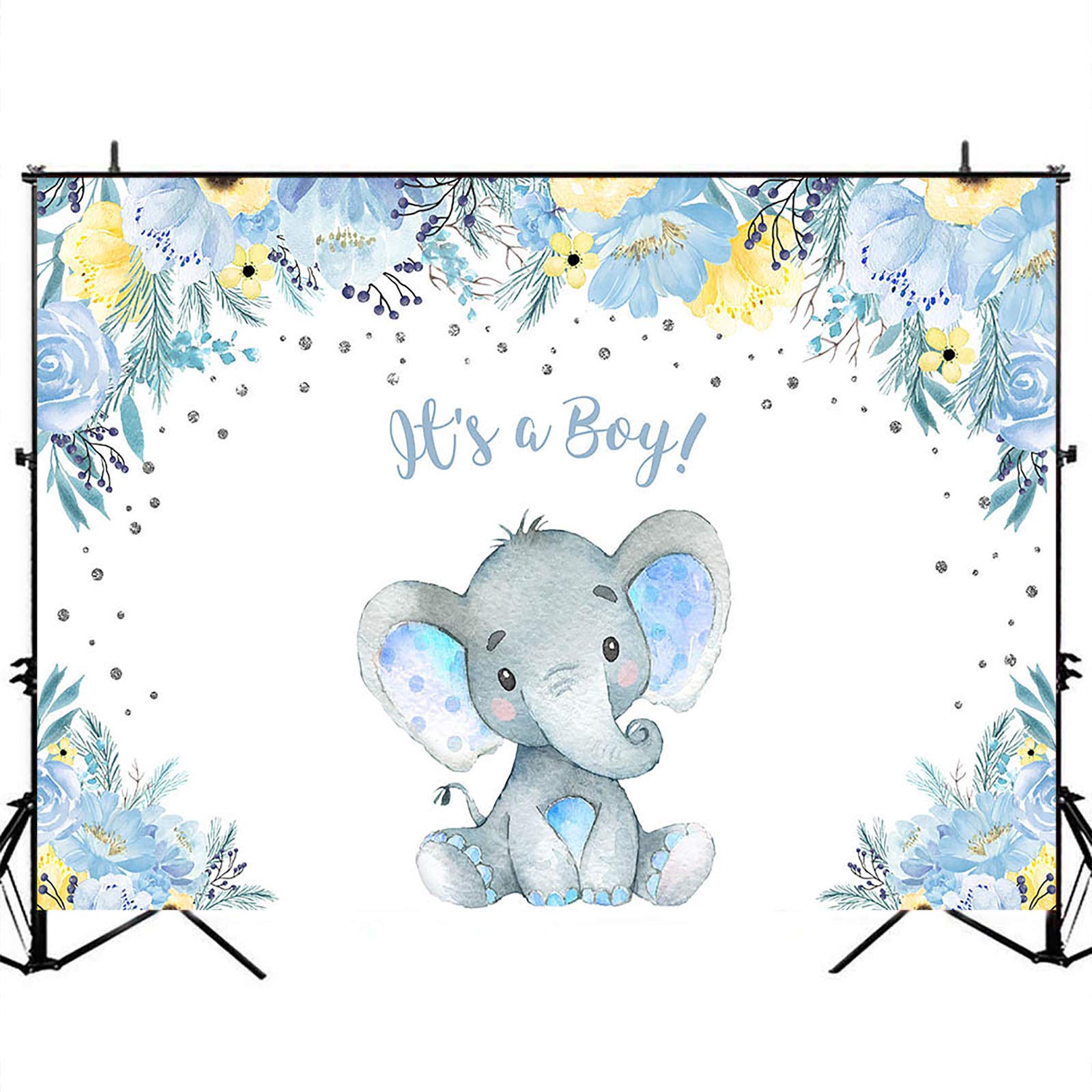 Avezano Blue and Yellow Floral Elephant Baby Shower Backdrop with Silver Dots - 10x8 ft Nursery Decor for Gender Reveal, First Birthday Party, Newborn Photography Background