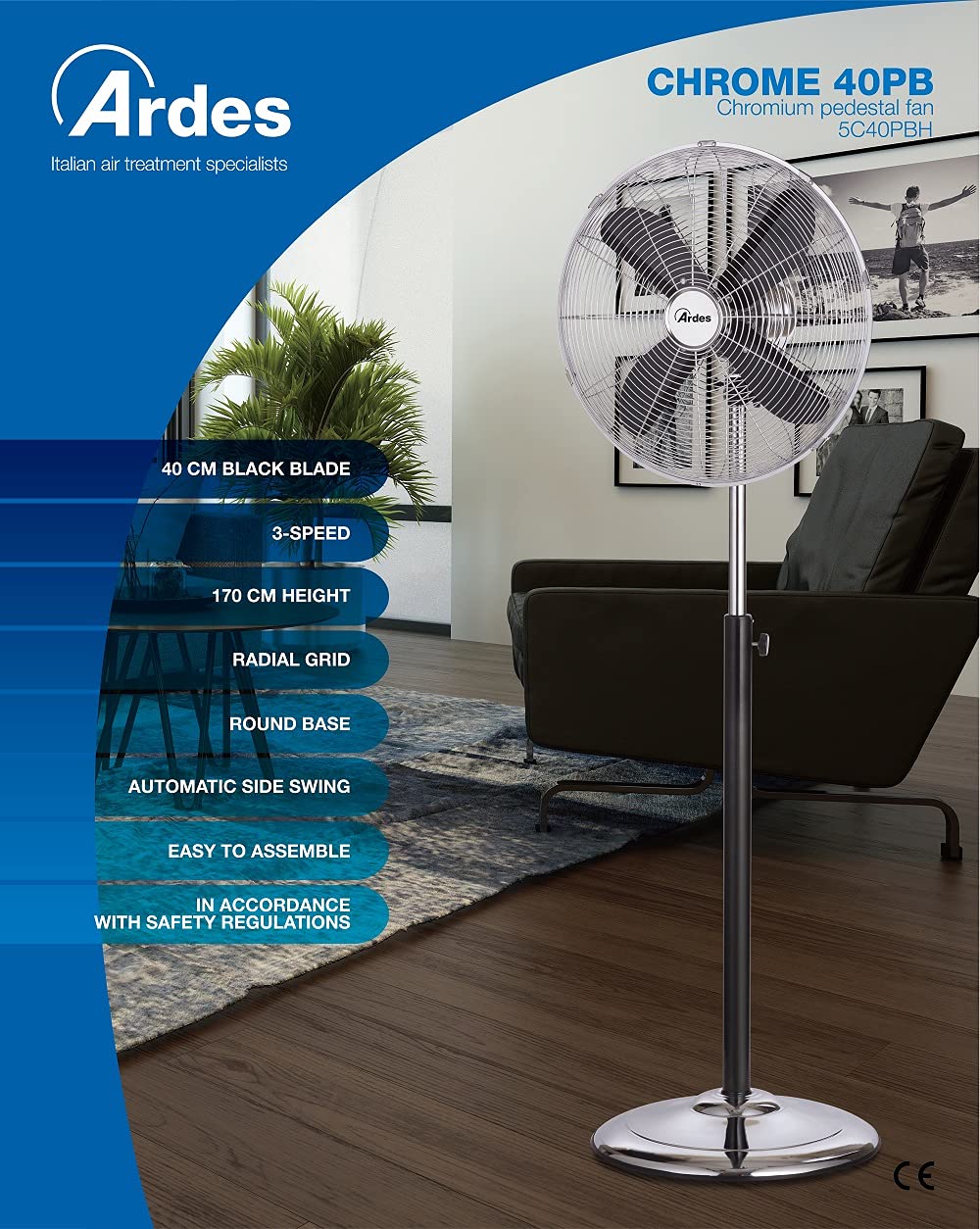 ARDES AR5C40PBH 40-Inch Silent Floor Fan with 4 Chrome Blades - Wide Base, Oscillating & Tilting - 3-Speed Manual Control for Home, Office & Bedroom Cooling