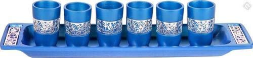 6-Pack Blue Anodized Aluminum Cups with Silver Lace Design & Serving Tray - Durable, Lightweight Drinkware for Outdoor Parties, Camping, Picnics, and Home Entertaining