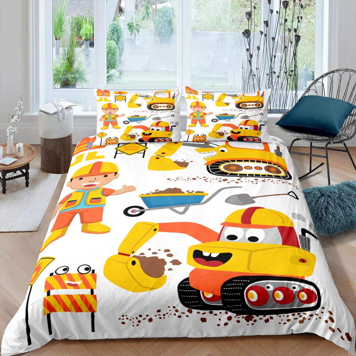 Feelyou Cartoon Construction Duvet Cover Set - Excavator Themed Kids Bedding for Boys & Girls | Soft, Breathable Twin Size Comforter Cover (2PC) | Perfect for Child's Room Decor, Teen Bedroom & Playroom