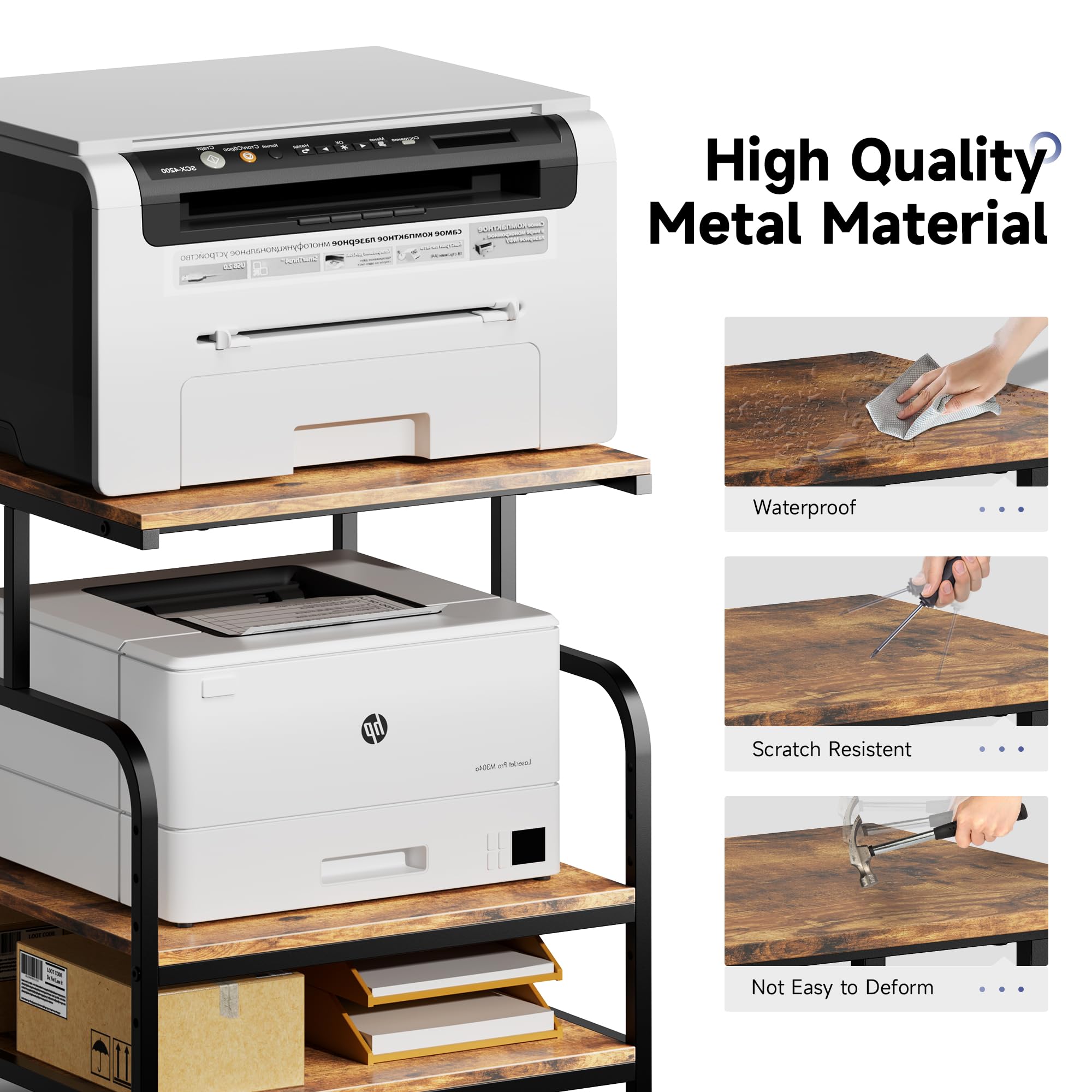 Warmiehomy 24x24 Inches Adjustable Rolling Printer Stand with 3-Tier Storage Shelf - Heavy Duty Mobile Printer Cart for 3D Printer, Laser Printer, Mini Fridge - Perfect for Home Office, Studio, or Workshop (Brown)