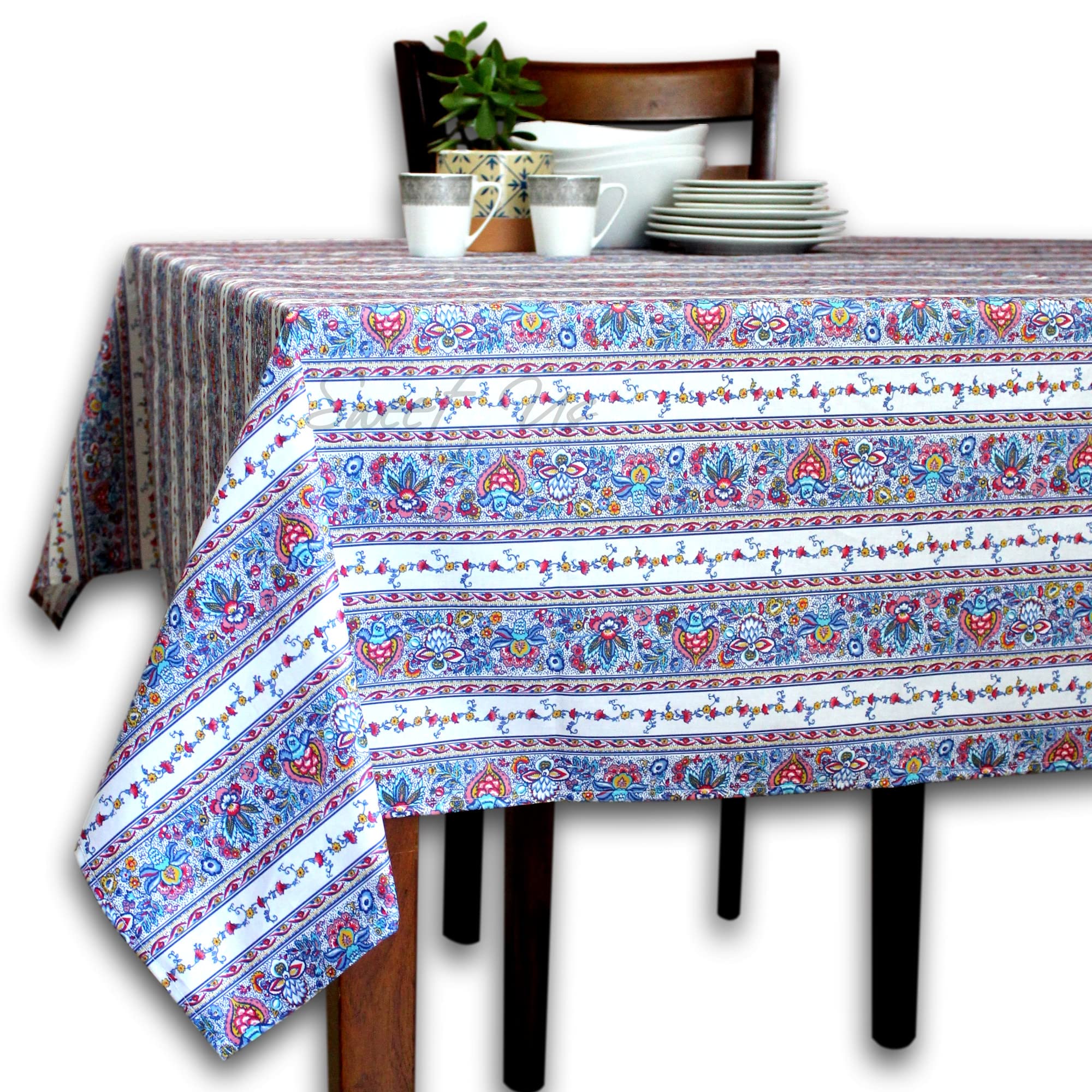 Spill-Resistant Wipeable Acrylic Coated Floral Cotton Tablecloth - French Provencal Style 60x116 Inches Rectangle Table Cover in White Indienne Florale Design - Perfect for Dining Room, Kitchen, Outdoor Picnics & Special Occasions