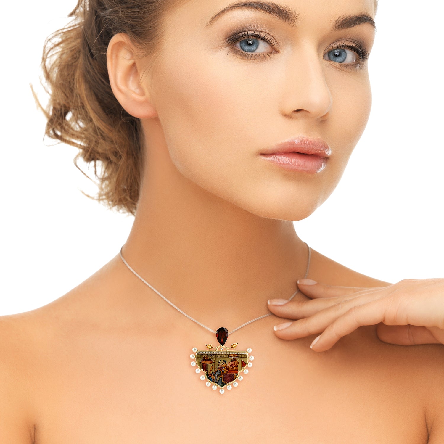 Gold Beaded Pear Cut Garnet Citrine Pave Diamond Enamel Designer Pendant Necklace – Perfect for Weddings, Parties & Special Occasions