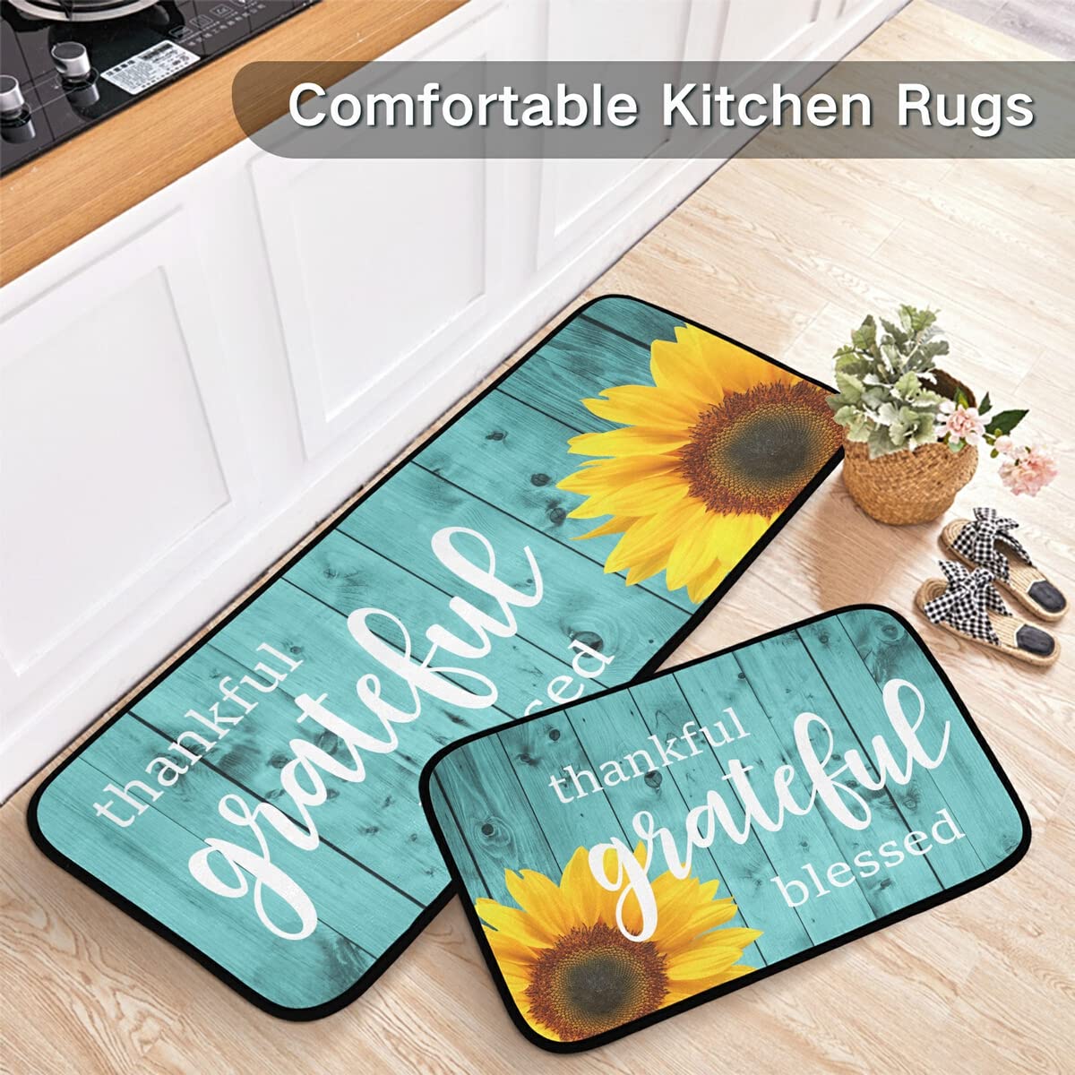 Non-Slip Washable 2-Piece Teal Sunflower Kitchen Rug Set - Turquoise Runner Mats for Floors, Laundry Room & Home Decor | Perfect for Farmhouse Kitchens & Entryways