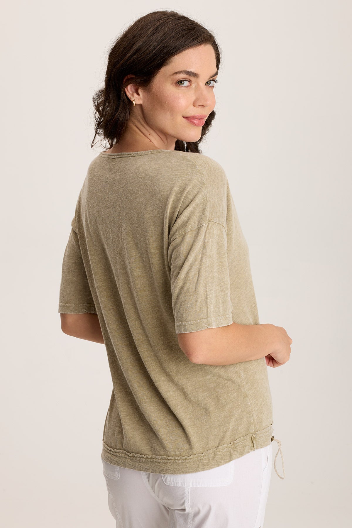 Rajni V Neck Cinchable Hem Tee for Women - Stylish Adjustable Fit Casual T-Shirt - Perfect for Everyday Wear, Work, and Outings