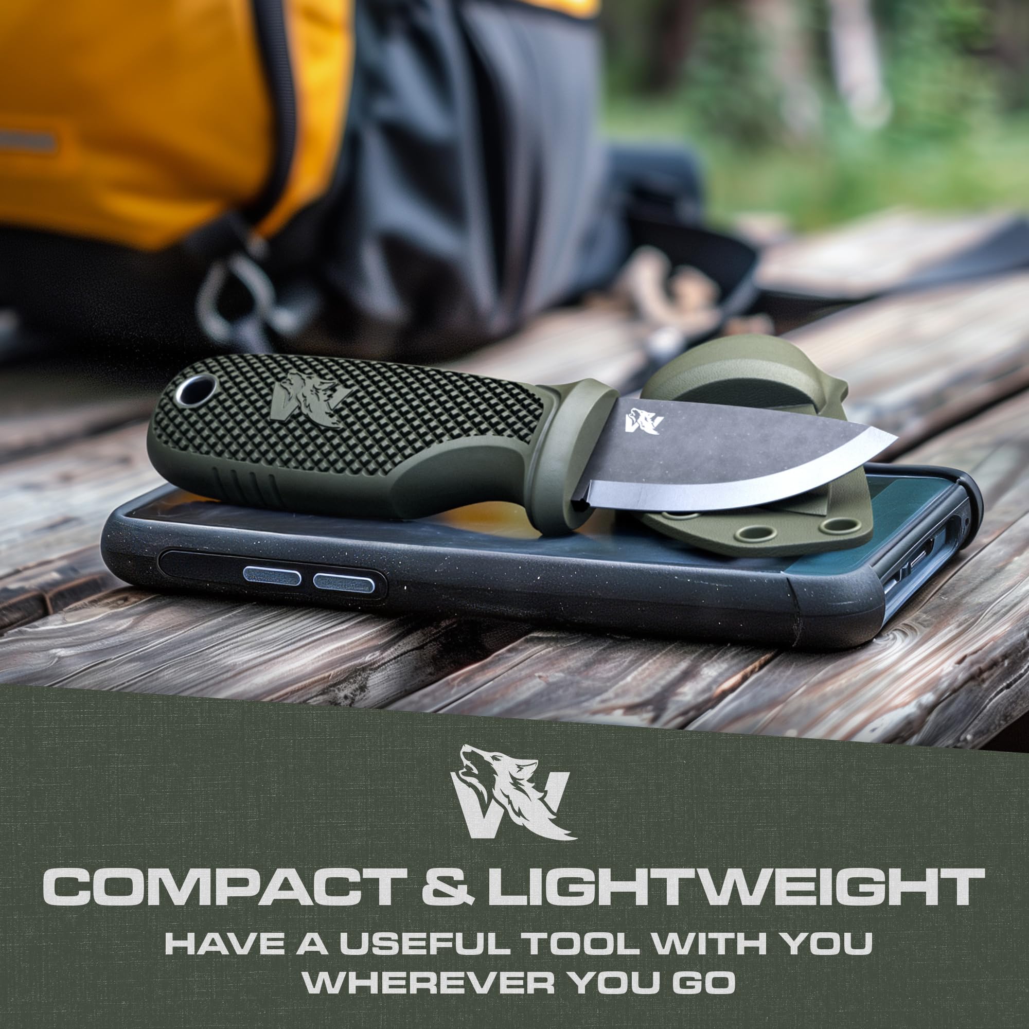 W-MINI 2 - Compact EDC Neck Knife with Sheath - Tactical Fixed Blade Knife for Outdoor Survival, Camping & Everyday Carry - Includes Necklace, Belt Clip & Fire Starter - Full Tang Design for Durability