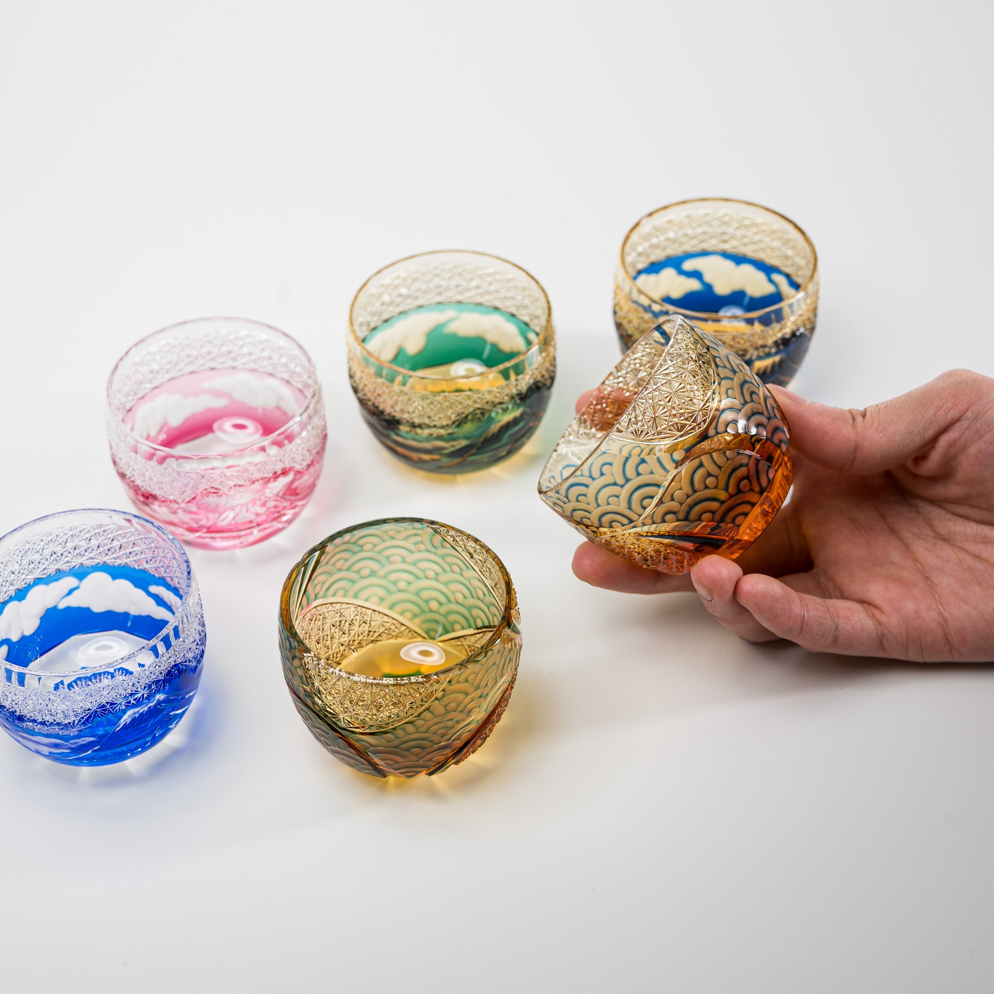 Premium Yamada Crystal Glass Sake Cups - Handcrafted Wave Design in Amber & Blue - Perfect for Japanese Sake, Cocktails, and Elegant Dining Experiences