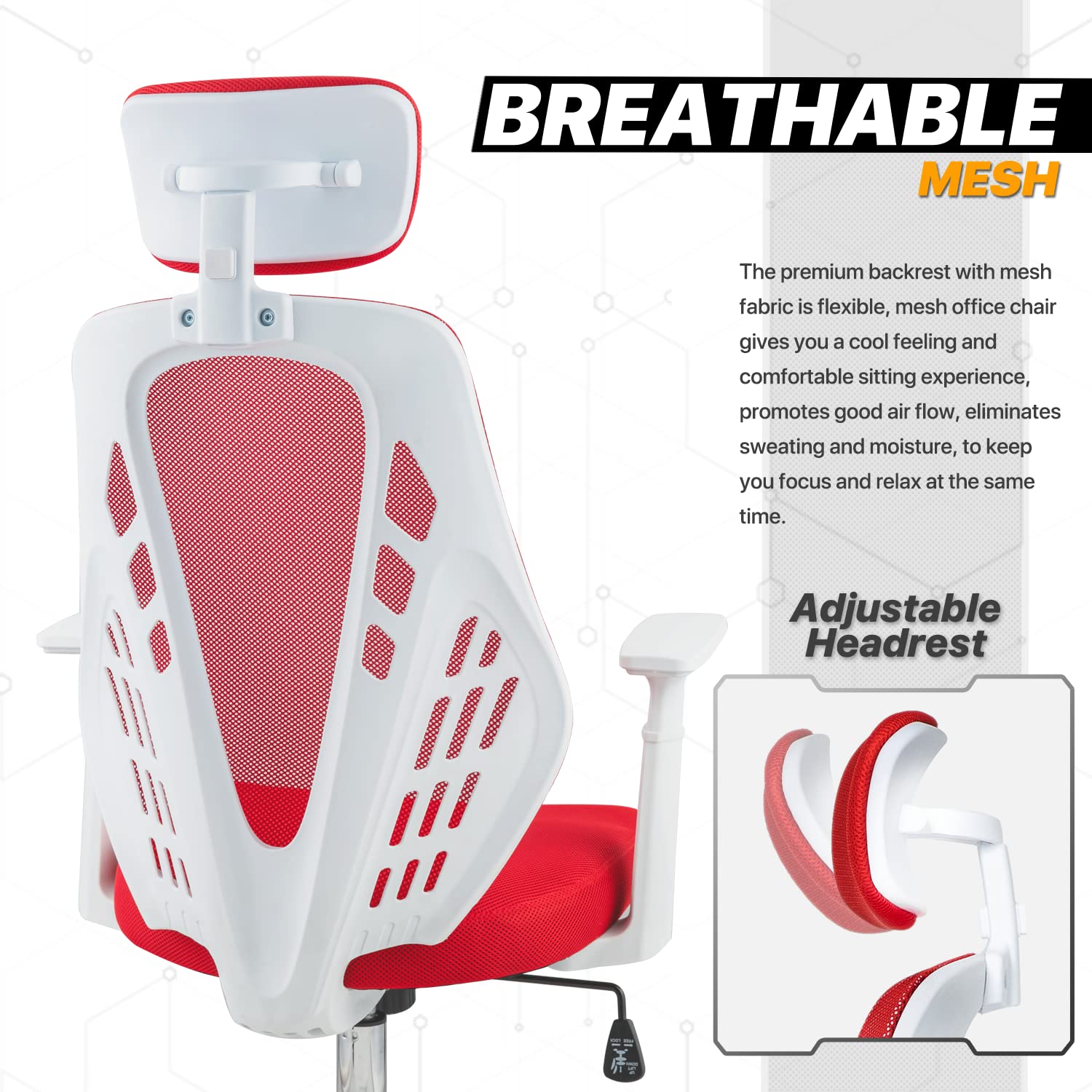 MoNiBloom Red Mesh Office Chair - Adjustable Headrest & Lumbar Support for Home/Office Workspace
