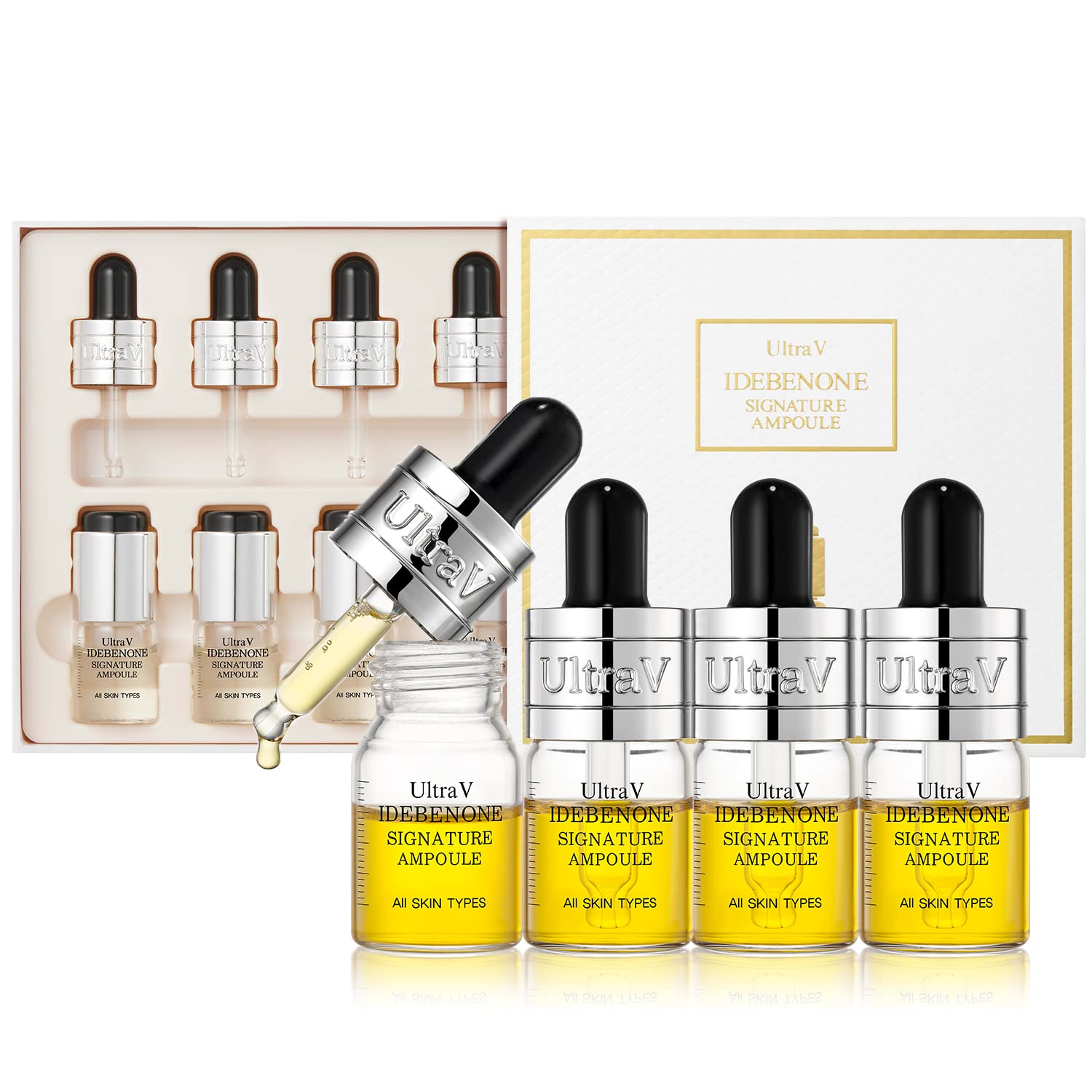 UltraV Idebenone Signature Ampoule - Anti Aging Antioxidant Serum with Peptides, Niacinamide & Hyaluronic Acid - Reduces Wrinkles, Smooths & Softens Skin - 0.27 fl.oz (4 Packs) 12,000ppm - Perfect for Night Routine & Dry Skin Care