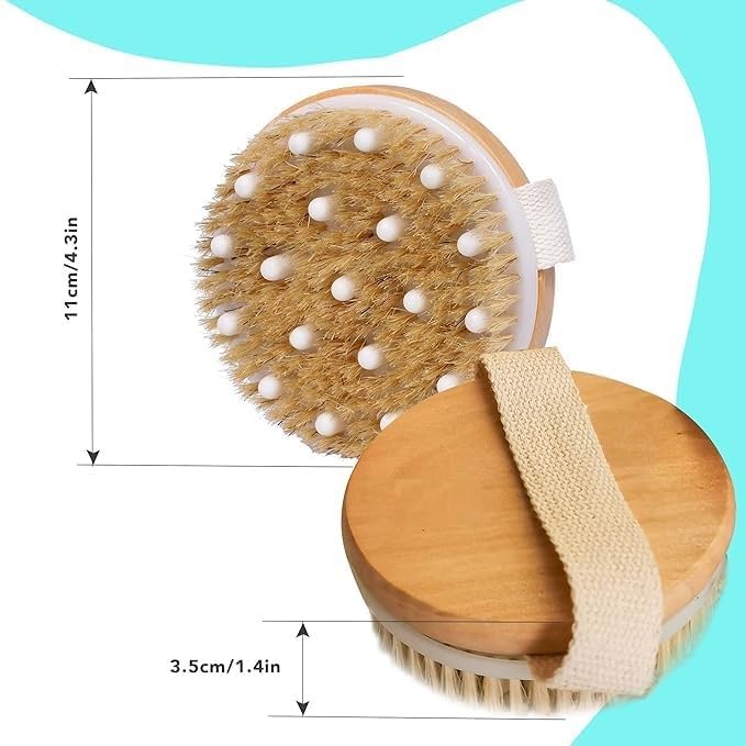 Exfoliating Body Brush with Solid Wood Frame - Round Bath Brush for Skin Softening & Improved Circulation - Prevent Ingrown Hairs - Perfect for Shower, Spa & Dry Brushing Routine