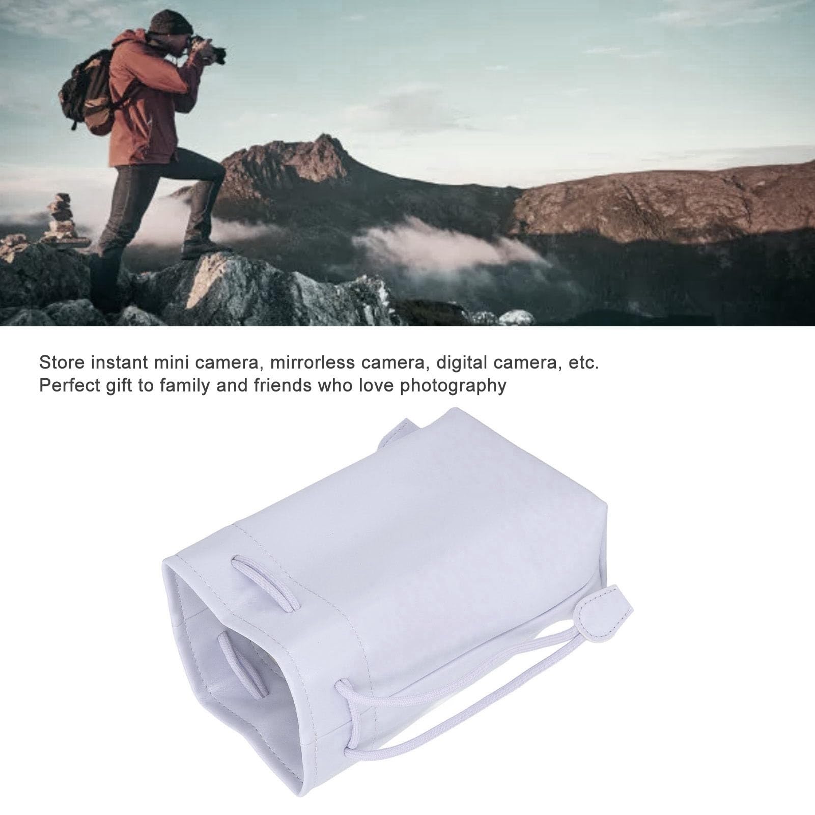 PU Leather Camera Drawstring Bag for Instant Film Printers & Mirrorless Digital Cameras - Waterproof Camera Storage Organizer Pouch (White) - Perfect for Travel, Hiking & Photography Enthusiasts