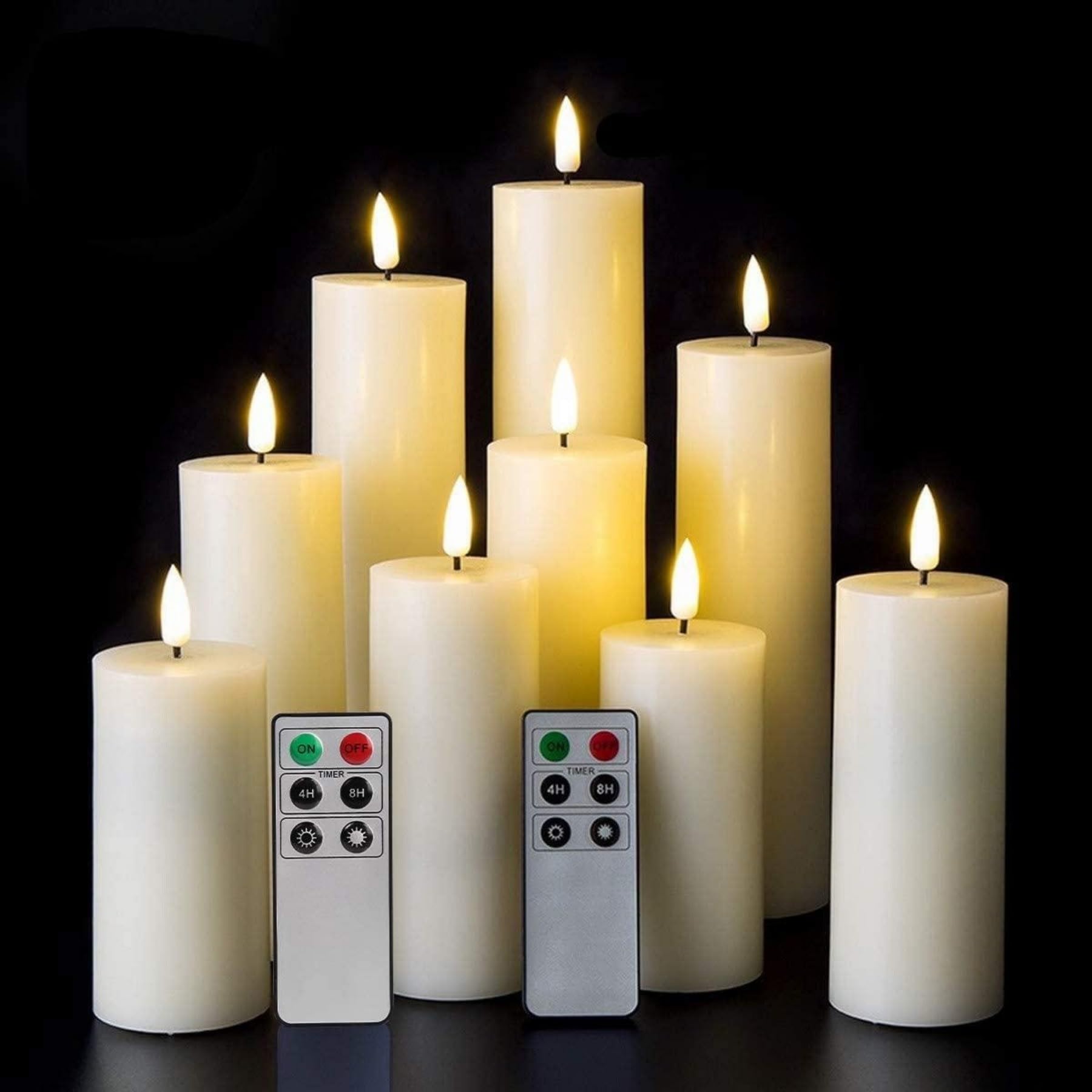 Eywamage Realistic Ivory Slim Flameless Pillar Candles with Remote - Set of 9 LED Battery Operated Fireplace Candles with Real Wax Flickering Effect for Home Decor, Wedding, Dining Table & Romantic Ambiance