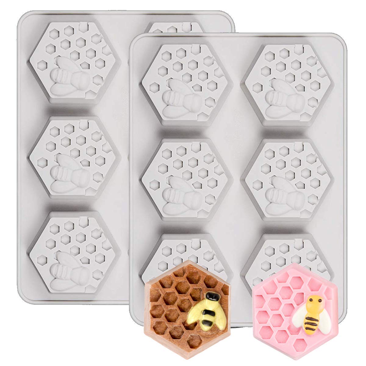 2Pcs 3D Hexagon Honeycomb Soap & Cake Molds - Beehive Silicone Baking Pan for Chocolate, Candy, Biscuits & Muffins - 6-Cavity Ice Cube Tray (Gray) - Perfect for DIY Desserts, Party Treats & Handmade Soap Crafts