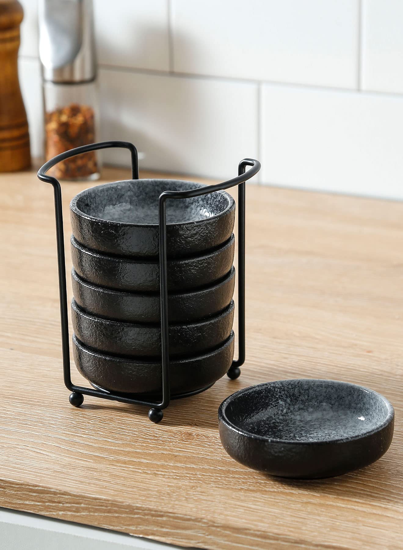 Premium Japanese Ceramic Dipping Bowls Set of 6 - 3.5 Inch Small Side Dishes with Metal Stand for Soy Sauce, Ketchup & Condiments | Perfect for Sushi, BBQ, Party Appetizers & Asian Dining Experience | Elegant Black & White Design