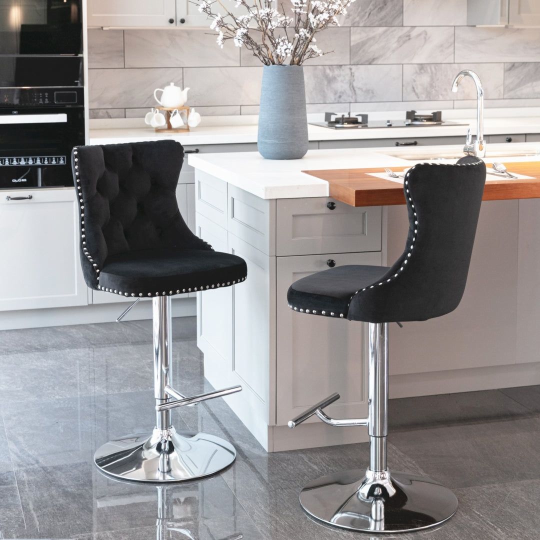 Adjustable Swivel Bar Stools with Footrest - 4 Pack Velvet Upholstered Bar Stools with Chrome Base & Studded Design for Kitchen Island, Home Bar & Dining Room