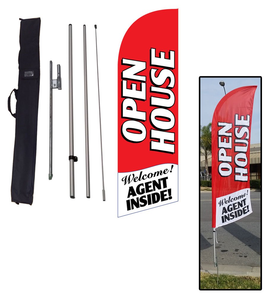 6ft x 2ft Red Feather Flag with Pole & Stake - Portable Open House Sign for Real Estate, Car Dealerships & Events - Includes Carrying Bag for Easy Travel & Storage