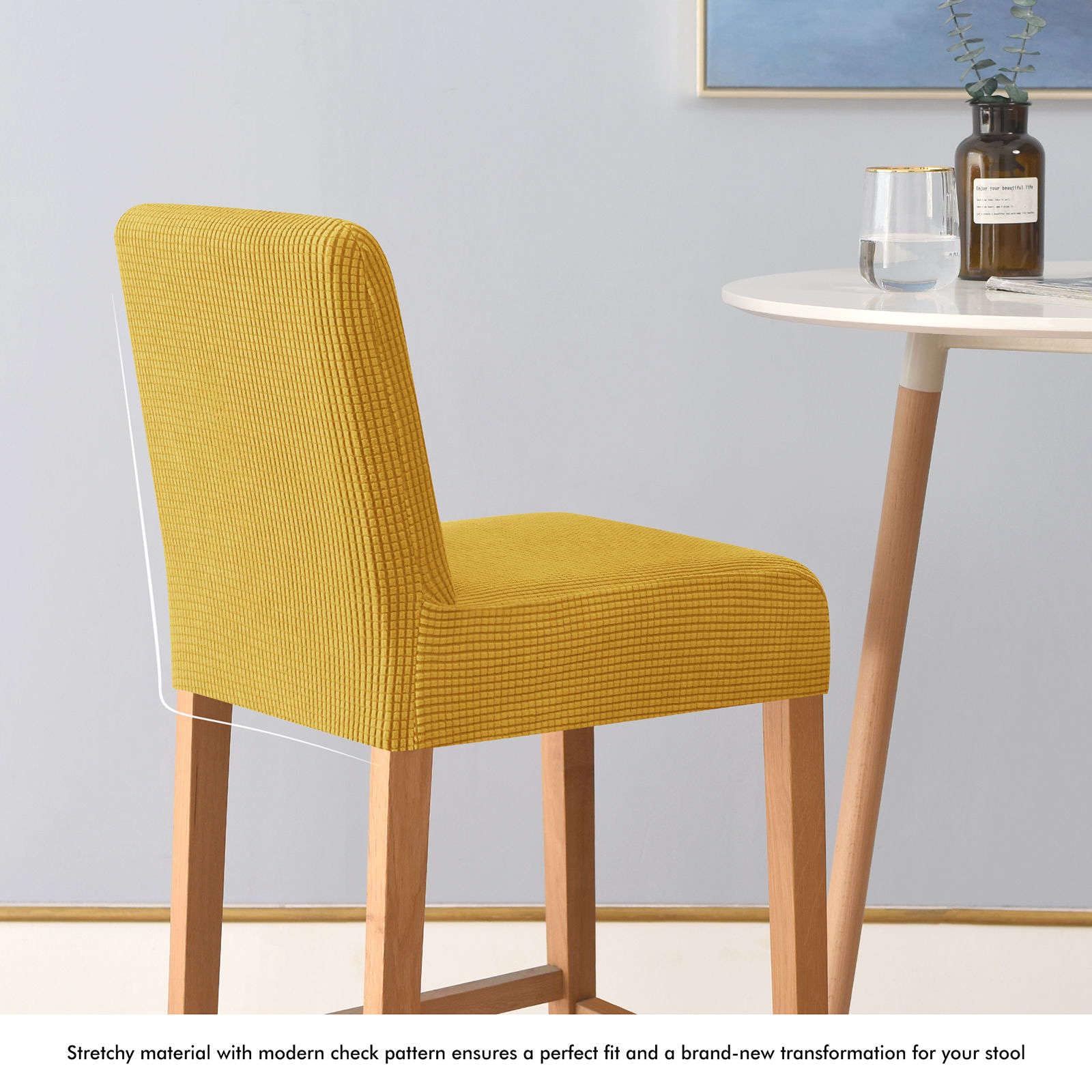 Stretchable Plaid Bar Stool Covers Set of 6 - Elastic Dining Chair Slipcovers, Washable & Removable Seat Covers for Short Back Chairs (Yellow) - Perfect for Kitchen, Bar, Pub & Dining Room Furniture Protection