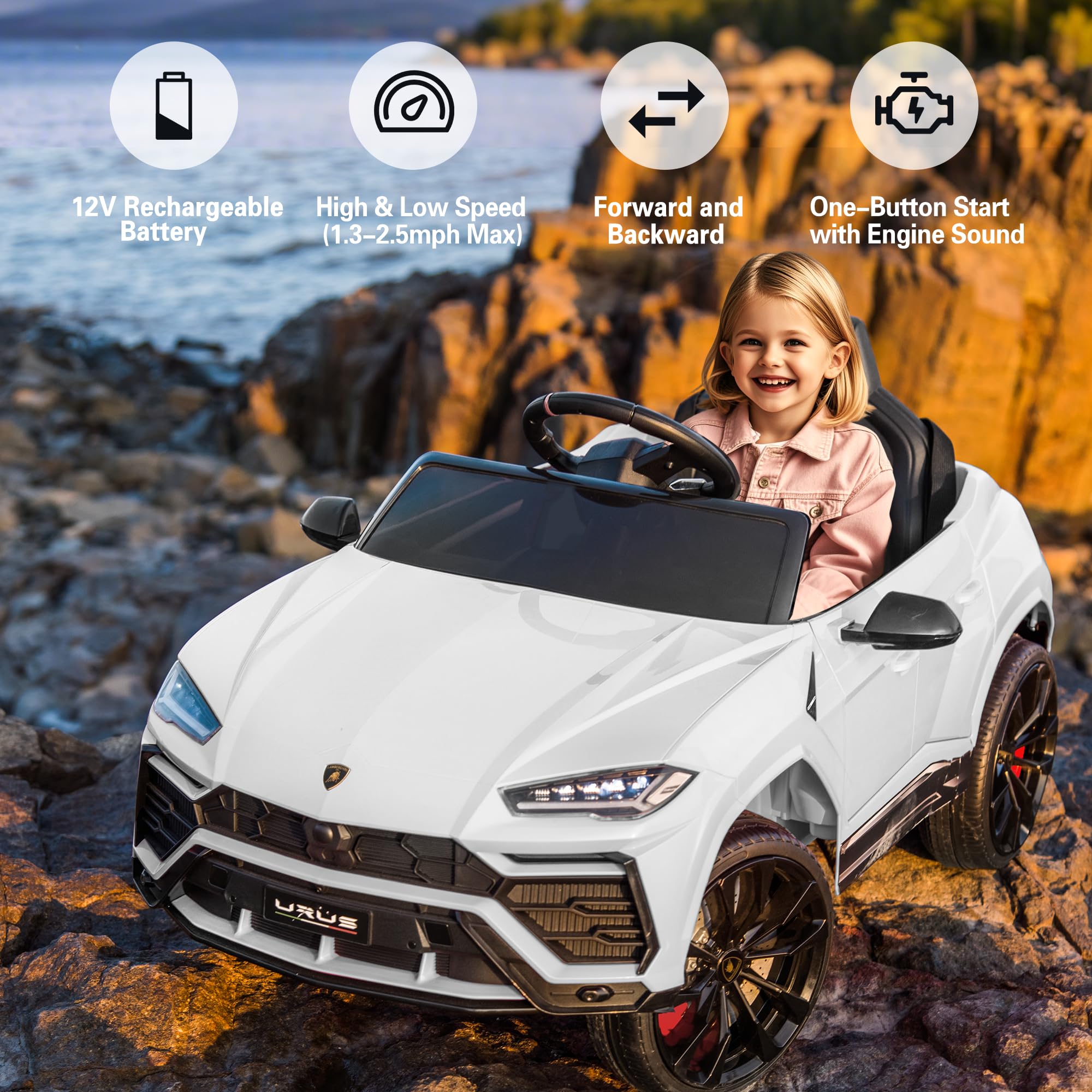 Licensed Lamborghini Urus 12V Electric Ride-On Car for Kids - Remote Control, 2 Speeds, LED Headlights, Music & Aux - Perfect for Birthday Gifts & Outdoor Play (White)