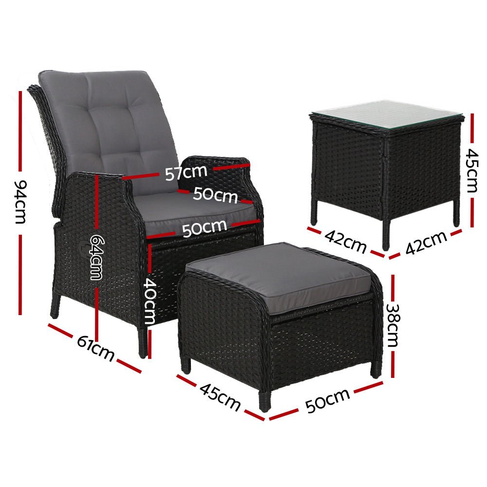 5-Piece Ella Outdoor Recliner Chair Set with Ottoman and Table - Black Patio Furniture for Backyard, Poolside & Garden Relaxation