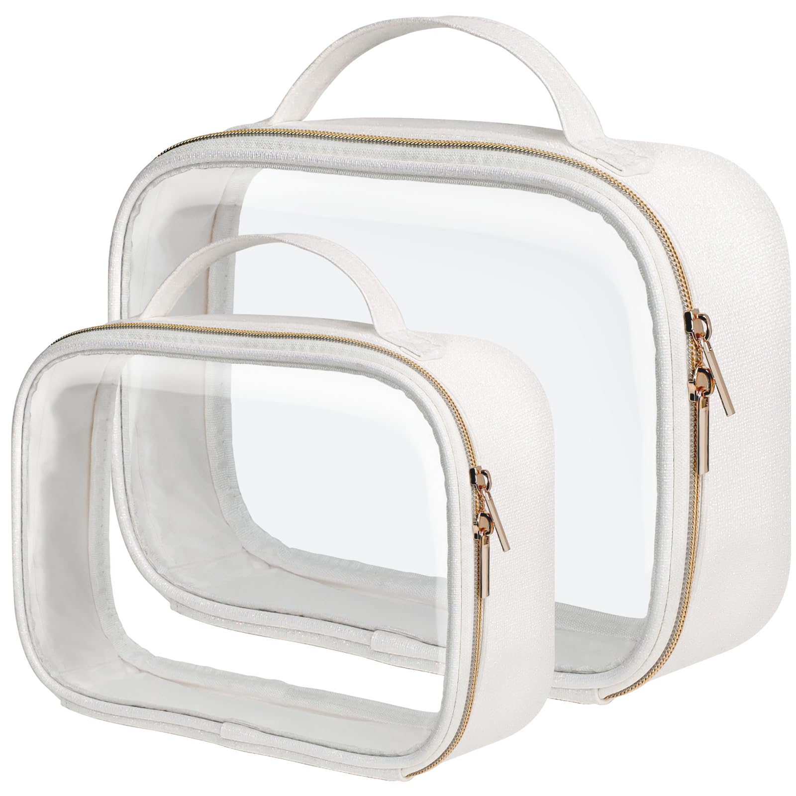 PACKISM TSA Approved Clear Glitter Toiletry Bag - Personalized Fashion Travel Cosmetic Organizer with 180° Wide Opening & Support Frame, Odor-Free Thick Material (White) | Perfect for Airplane Carry-On, Vacation Essentials & Makeup Storage