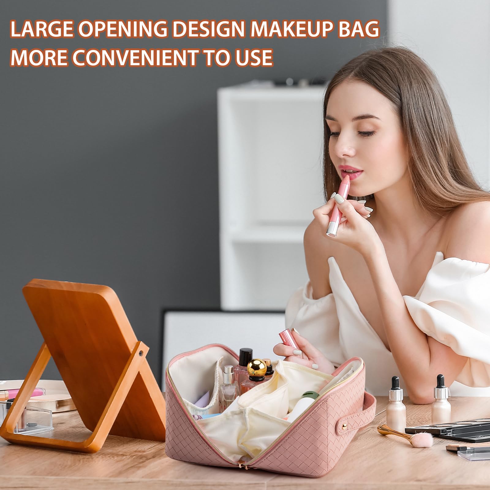 Large Capacity Waterproof Travel Makeup Bag for Women - Foldable Cosmetic Organizer with Multiple Compartments, Flat Lay Design for Easy Access - Perfect for Toiletries, Beauty Essentials & On-the-Go Makeup (Pink) | Ideal for Travel, Gym, Vacation & Daily Use