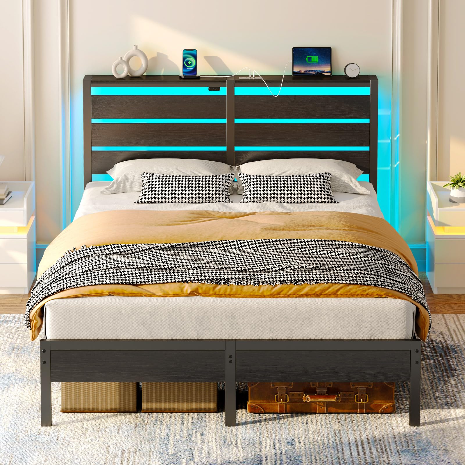 Rolanstar Queen Size Bed Frame with USB Charging & LED Lights - Wood Storage Headboard, Black Metal Platform Bed with Under Bed Storage - No Box Spring Needed, Noise Free - Perfect for Modern Bedrooms & Small Spaces