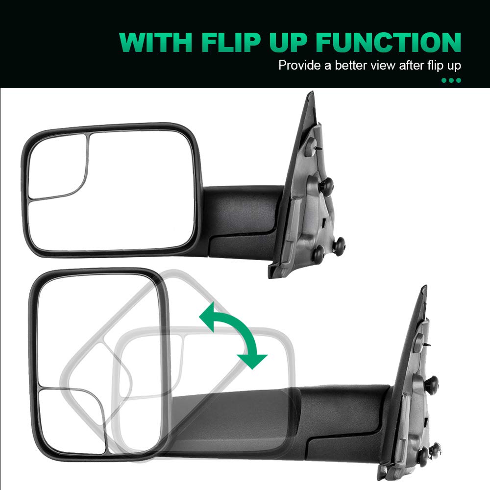 AUTOMUTO Power-Adjustable Towing Mirrors for Dodge Ram 1500/2500/3500 (1994-1997) - Black Non-Heated Mirrors for LH Driver & RH Passenger Side - Perfect for Towing Trailers, Boats & Heavy Loads