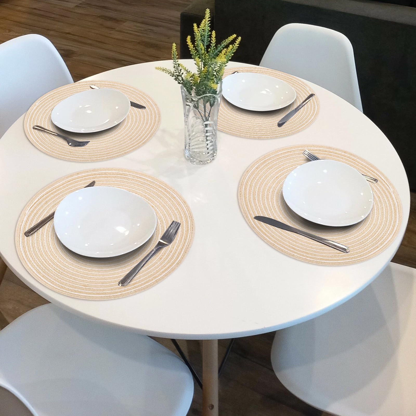 PECULA Round Braided Placemats Set of 4 - 15 Inch Non-Slip Heat Resistant Woven Table Mats for Kitchen & Dining Room Decor | Perfect for Holiday Dinners, Parties, and Everyday Use