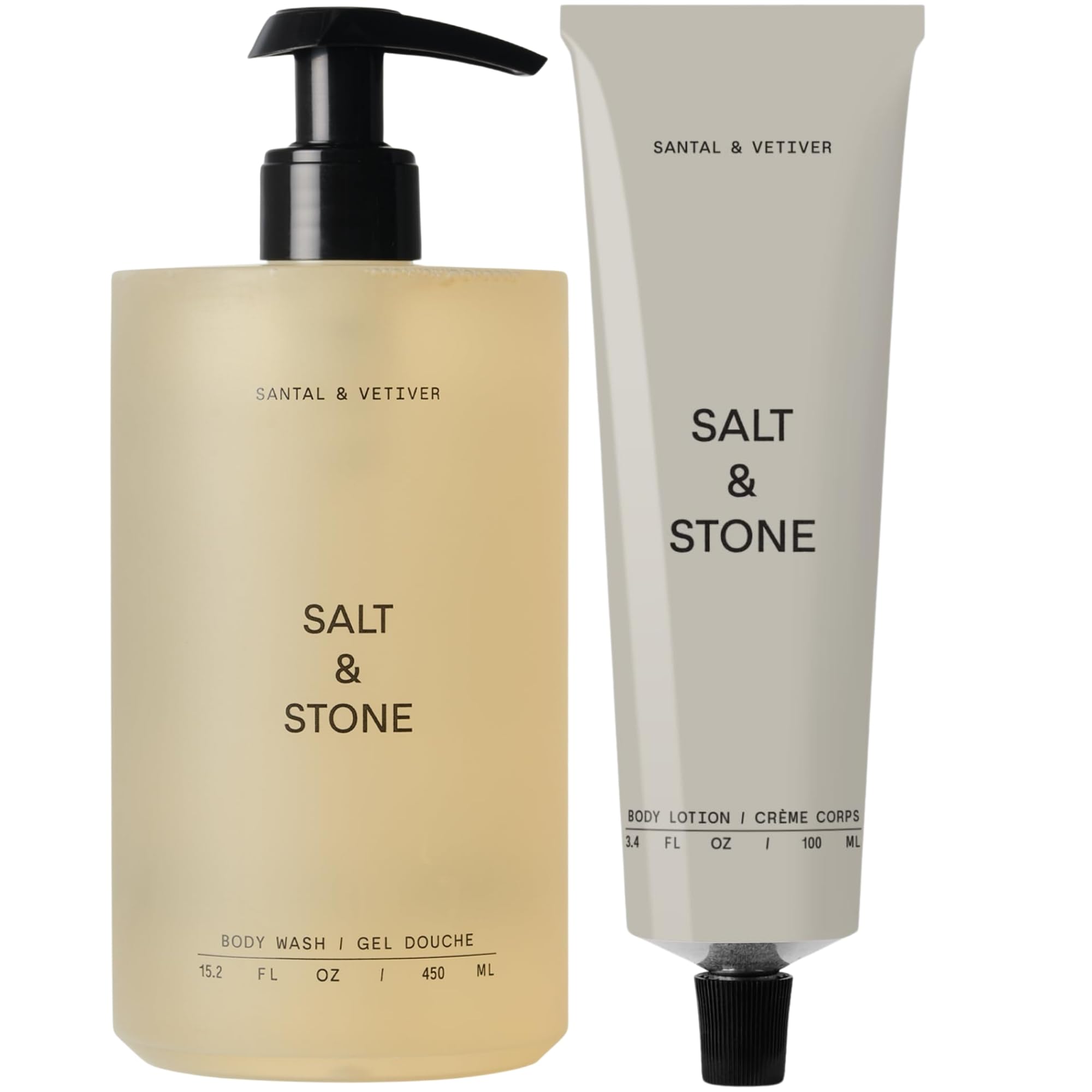 Salt & Stone Hydrating Gel Body Wash + Body Lotion Set - Santal & Vetiver Scented Moisturizing Skincare Duo for Dry Skin | Perfect for Daily Shower & Spa Relaxation at Home