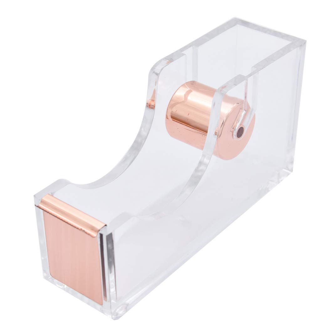 Clear Acrylic Tape Dispenser - Single Hand Tape Dispenser with Rose Gold Finish for Office & Home Use | Modern Desktop Tape Holder for Crafts, Packaging & Organization