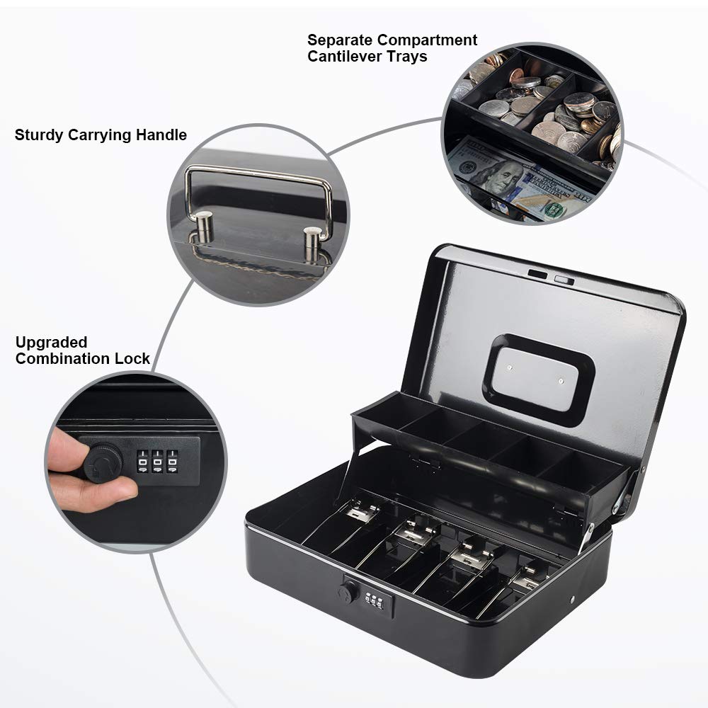 KYODOLED Large Cash Box with Combination Lock & Key - 11.8