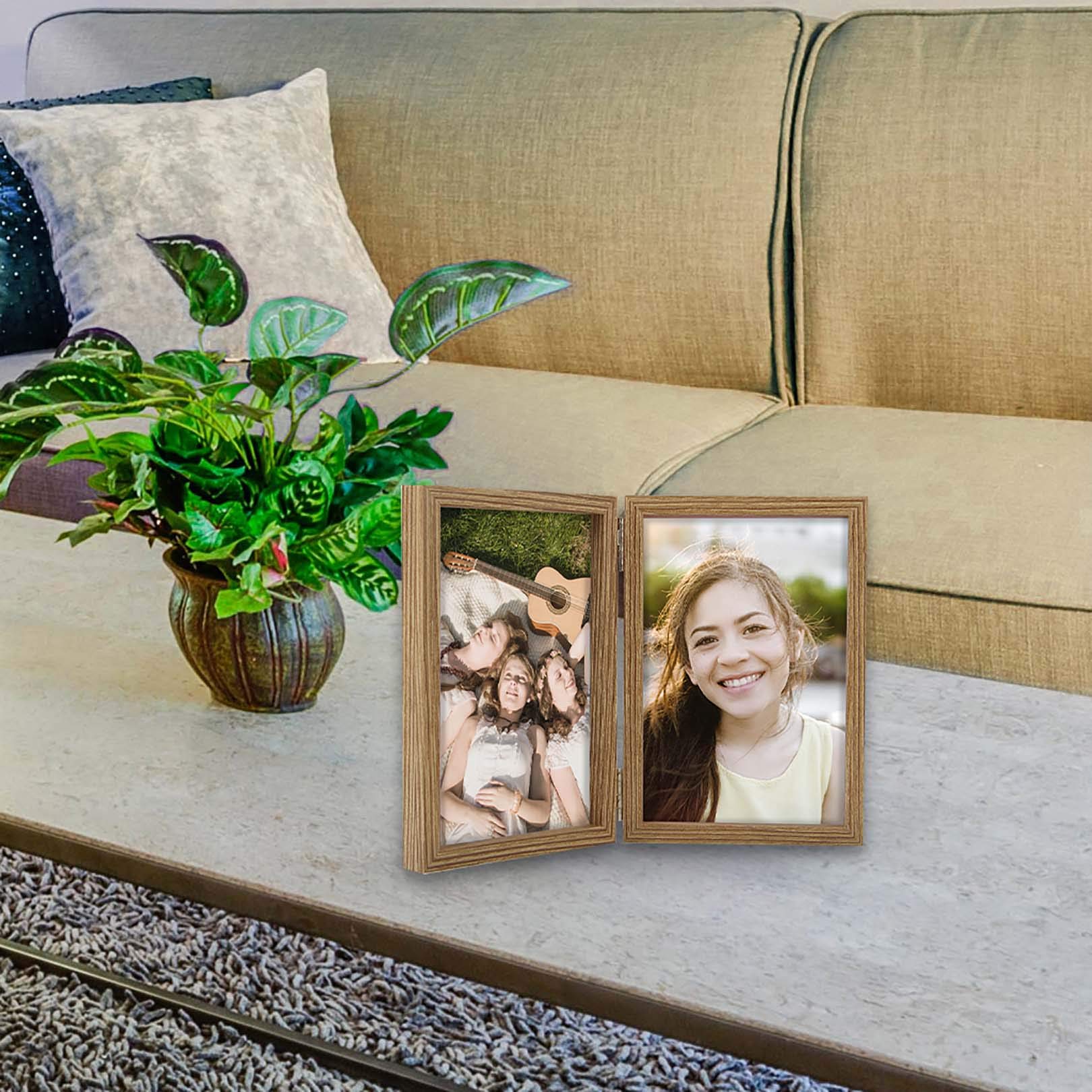 4x6 Double Hinged Picture Frames - Wood Grain MDF with Glass Front - Tabletop Vertical Standing Photo Frame for Home Decor, Office Display, and Gift Giving