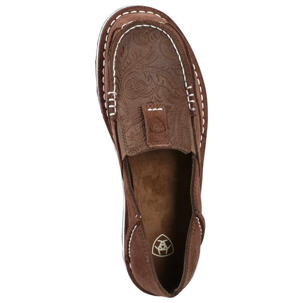 Ariat Cruiser Floral Embossed Leather Slip-On Shoes for Women - Brown Suede with Floral Embroidery - Size 9M - Comfortable Casual Loafers for Walking, Work & Everyday Wear