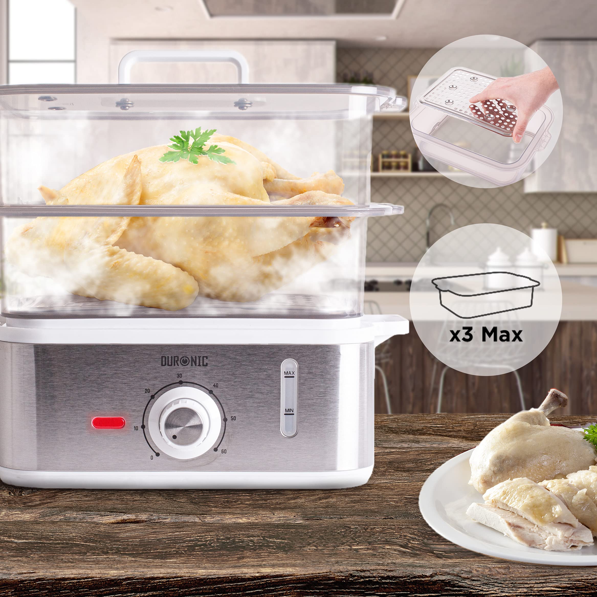 Duronic FS87 3-Tier Electric Food Steamer | 870W BPA-Free Rice & Vegetable Steamer with Timer | Perfect for Healthy Meals, Dumplings & Meal Prep