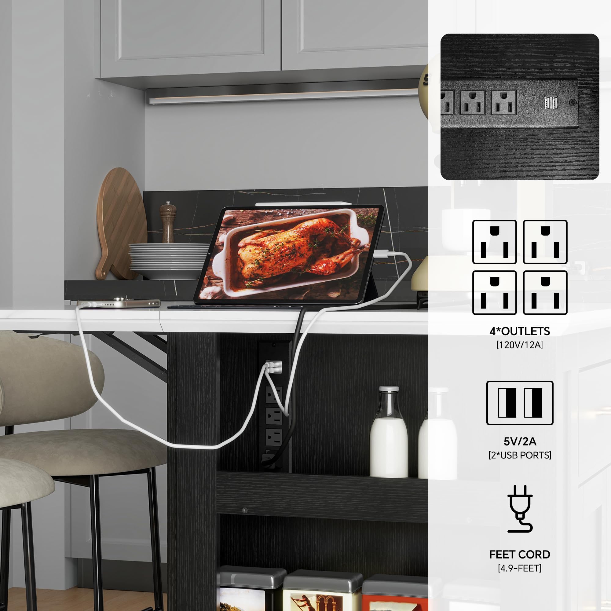 FUSUNBAO Large Kitchen Island with Storage, Power Outlet, Drawer, Adjustable Shelves, Side Compartments, Drop Leaf & Footrest, Black – Perfect for Small Kitchens and Open Floor Plans