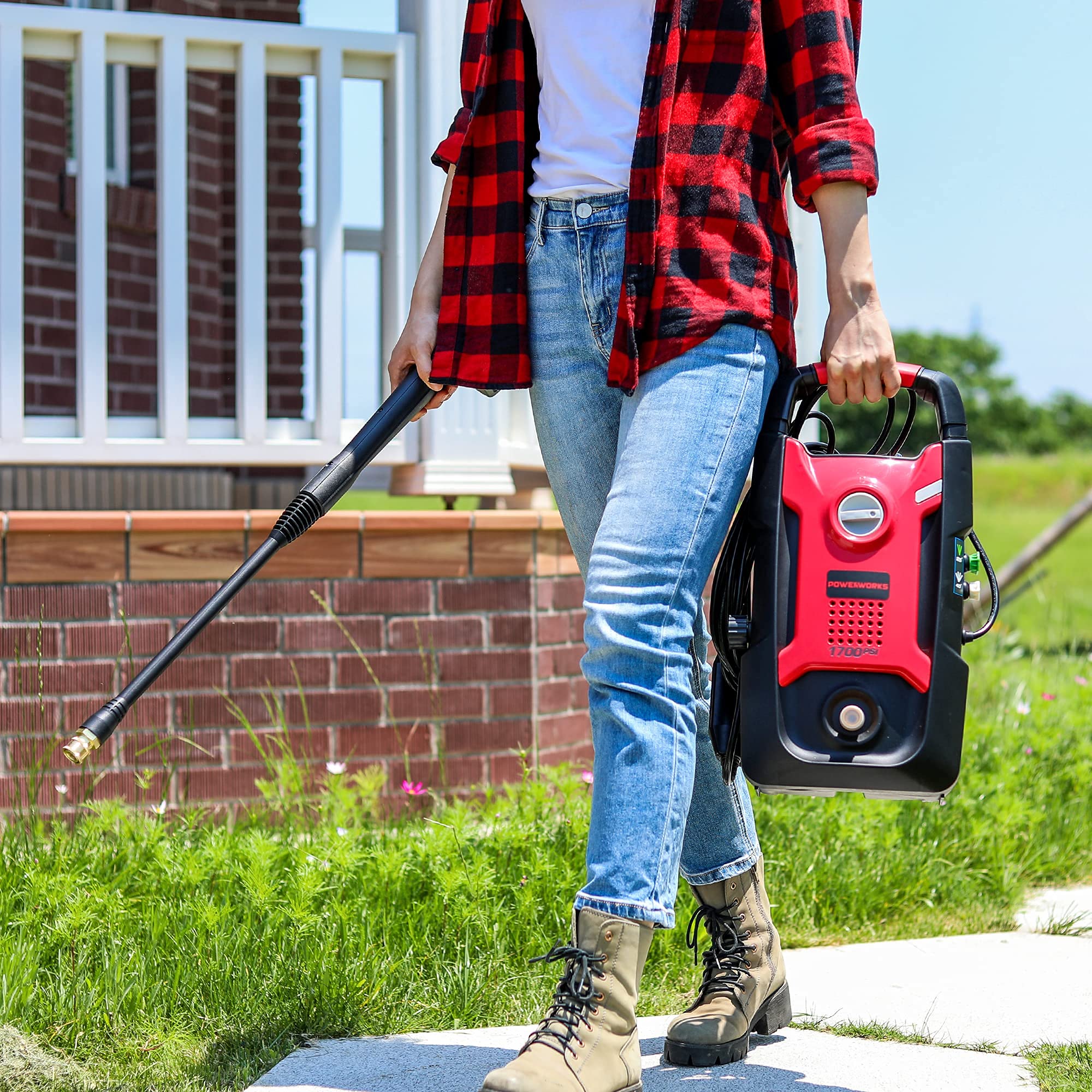 POWERWORKS 1700 PSI 1.2 GPM Electric Pressure Washer with 20ft Hose & 3 Nozzles - PWMA Certified for Car Washing, Garden Cleaning & Outdoor Home Maintenance (Red)