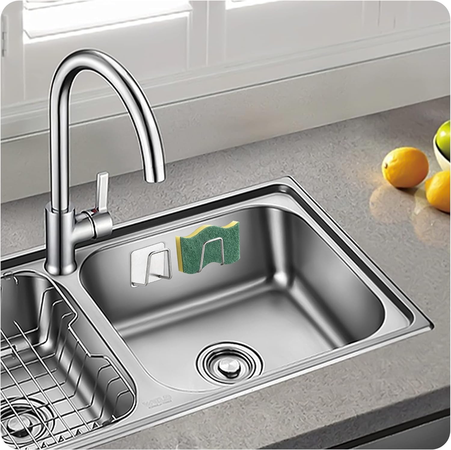 Stainless Steel Sponge Holder for Kitchen Sink - Adhesive Scrubber Hanger & Storage Rack for Dishcloth, Scouring Pad, and Cleaning Tools - Perfect for Organizing Sink Area and Keeping Countertops Dry