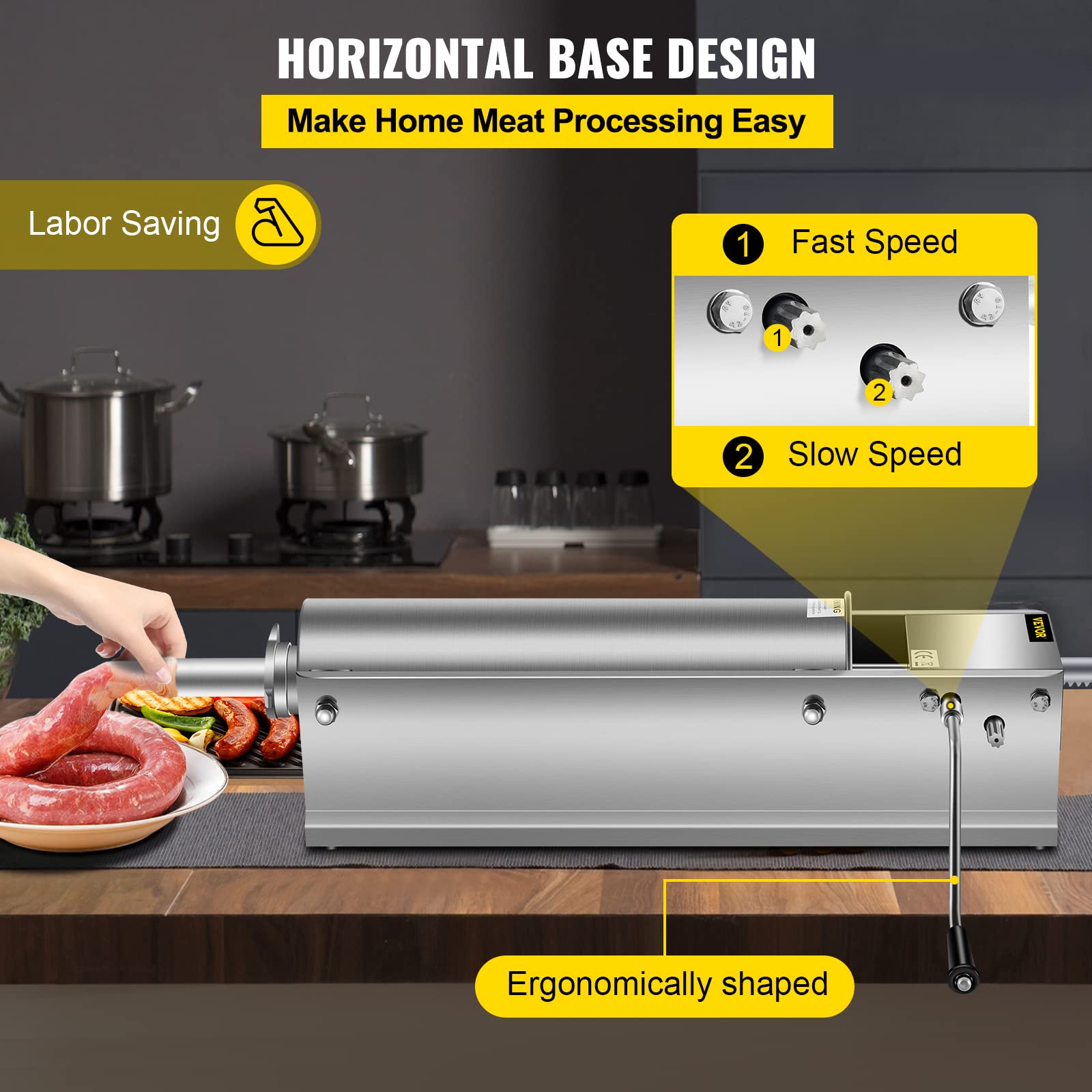 Happybuy 7L/15Lbs Manual Sausage Stuffer Machine - Stainless Steel Horizontal Sausage Maker with 5 Filling Nozzles for Home Kitchen & Commercial Use - Perfect for Making Homemade Sausages, Burgers, and Meat Stuffing