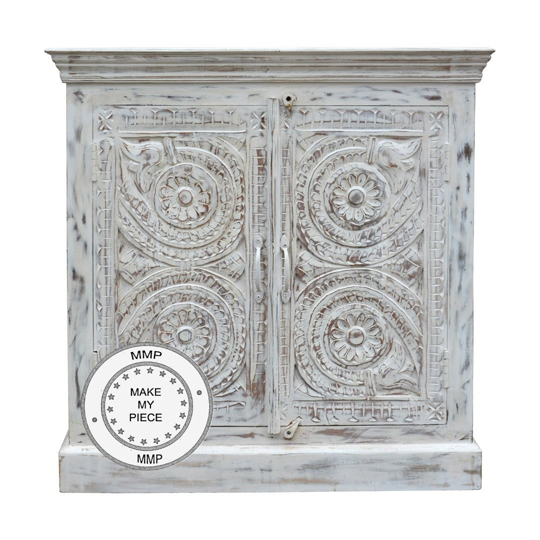 Hand Carved Floral Indian Small Cabinet with Intricate Doors - White - Perfect for Home Decor, Living Room Storage & Boho Style Interiors