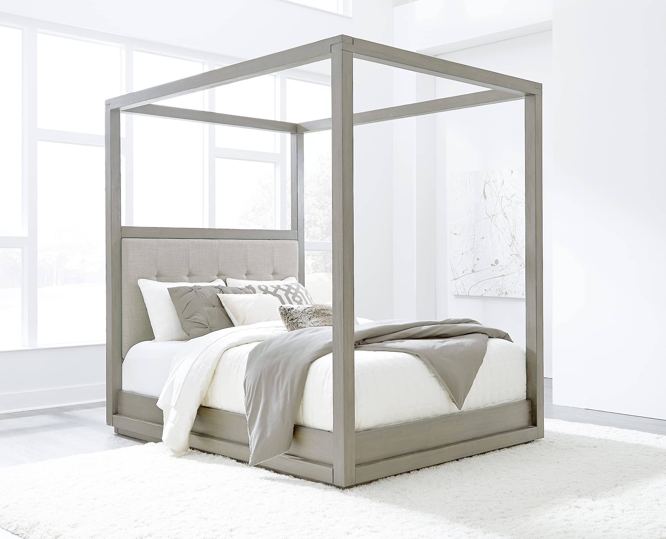 Modus Furniture Solid Wood Canopy Bed Frame King Size, Oxford Mineral Finish - Luxurious Bedroom Furniture for Master Suite & Guest Room Decor