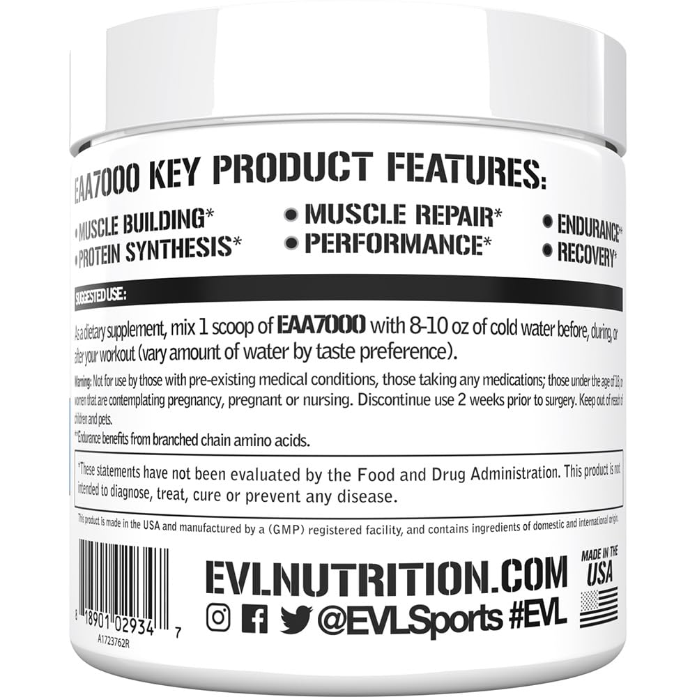 EVLution Nutrition EAA 7000 Essential Amino Acids Powder - Unflavored 237g for Muscle Recovery & Workout Performance | Pre & Post Workout Supplement for Athletes & Fitness Enthusiasts