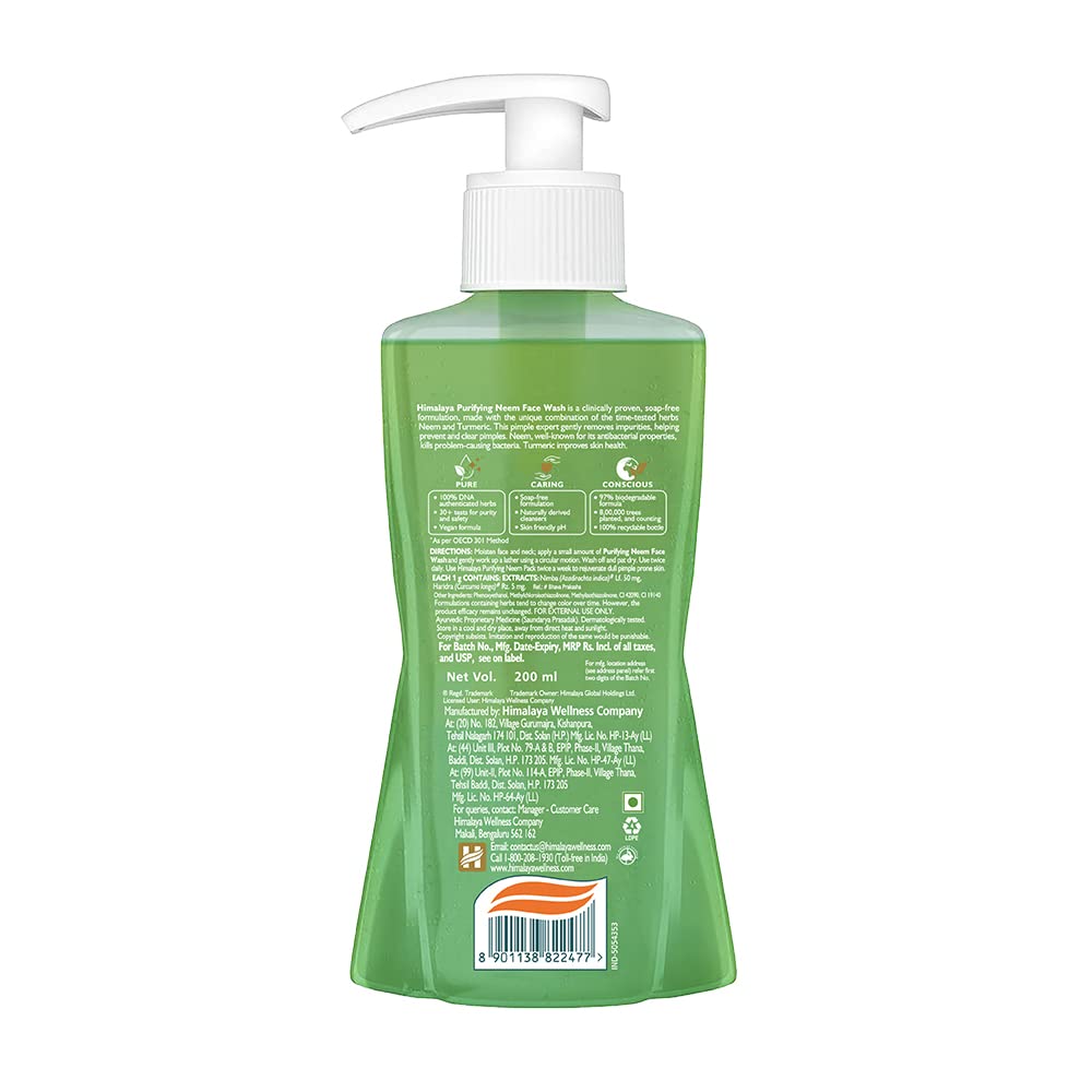 Himalaya Herbals Purifying Neem Face Wash for Acne & Oily Skin - 200ml | Natural Cleanser with Neem Extract | Perfect for Daily Skincare Routine & Travel