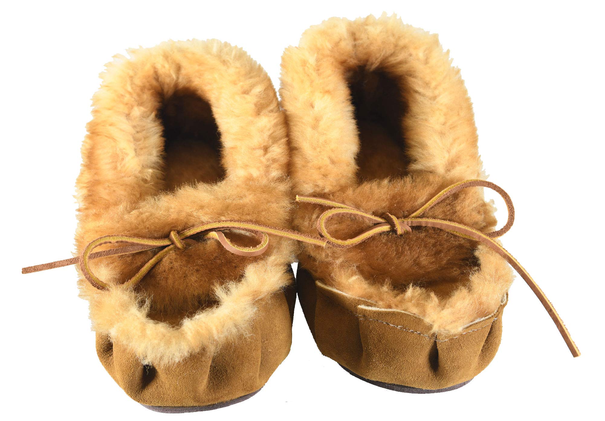Handmade in USA Tan Sheepskin Leather & Fur Teepee Creeper Moccasin Slippers with Non-Slip Sole - Cozy Winter Indoor/Outdoor House Shoes for Men & Women