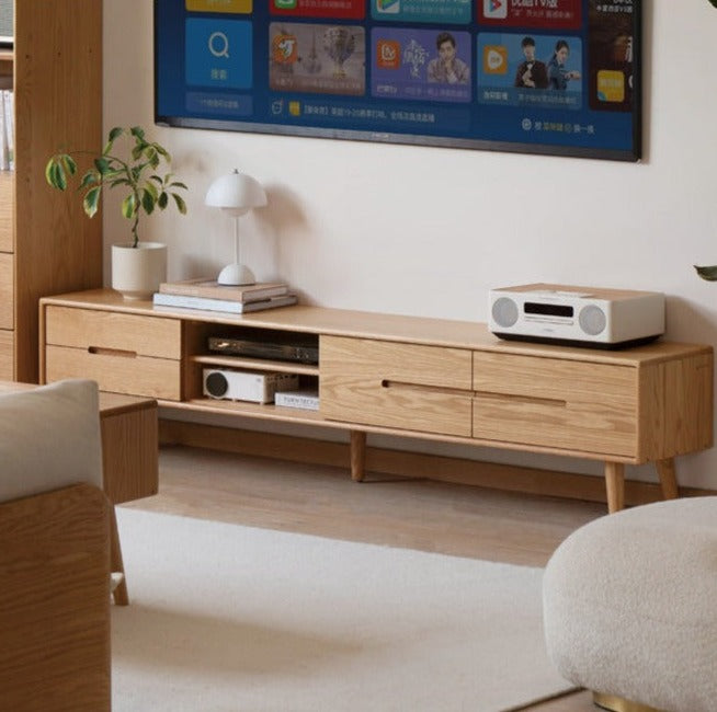 Solid Oak Wood TV Stand with Sliding Doors - Rustic Modern Entertainment Center for Living Room, Bedroom & Home Theater