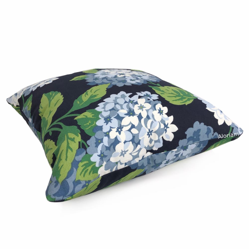 Bella Navy Blue Green White Hydrangea Floral Print Pillow Cover - Decorative Throw Pillow Case for Sofa, Bedroom, Living Room, Home Decor