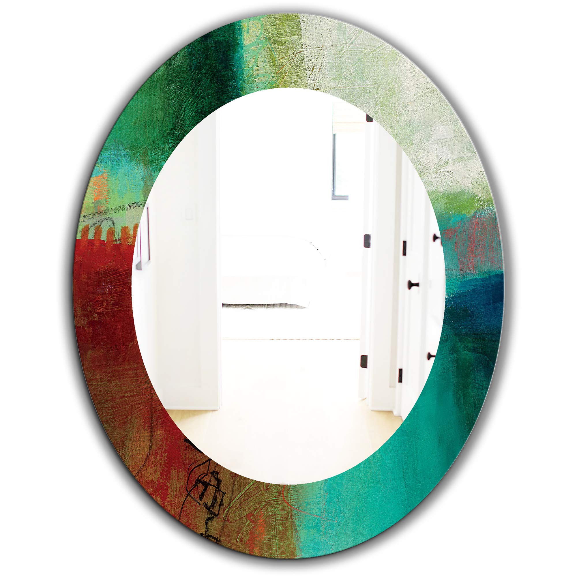 Designart 'Abstract Watercolor Blue & Red' Framed Modern Wall Mirror - Large Oval or Round Decorative Mirror for Living Room, Bedroom, or Entryway - 24x32 Inches - Contemporary Home Decor