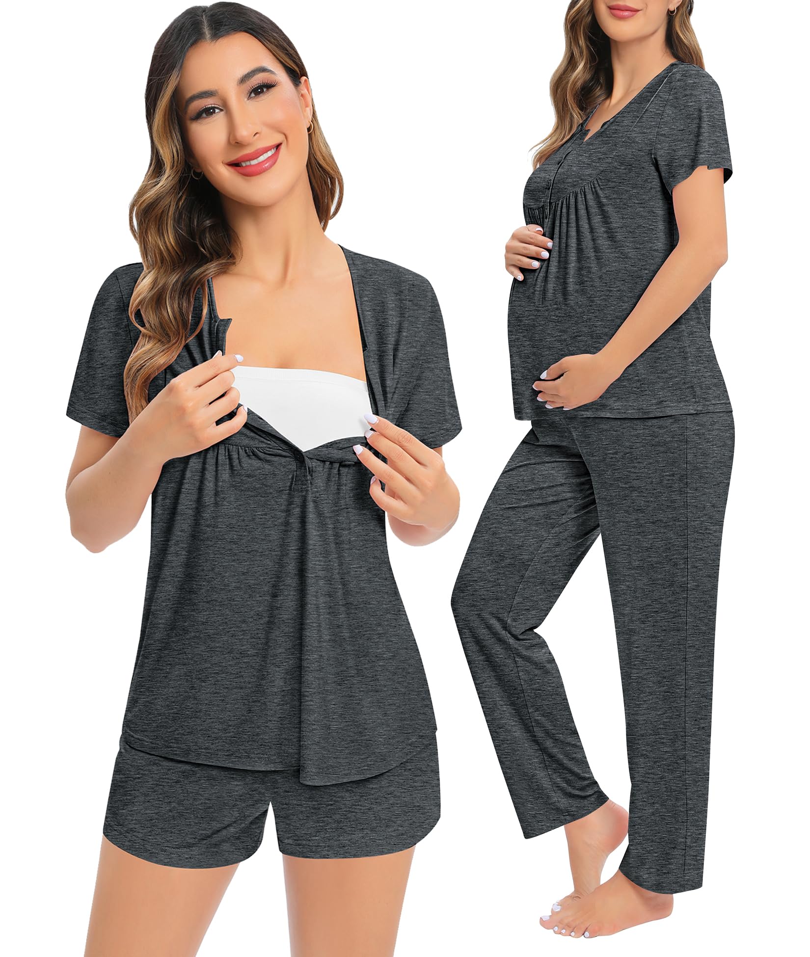 SWOMOG Women's Maternity Nursing Pajama Set - 3 Piece Breastfeeding Sleepwear with Short Sleeve Top & Pants for Pregnancy Comfort - Perfect for Nighttime Nursing, Lounging & Hospital Stay