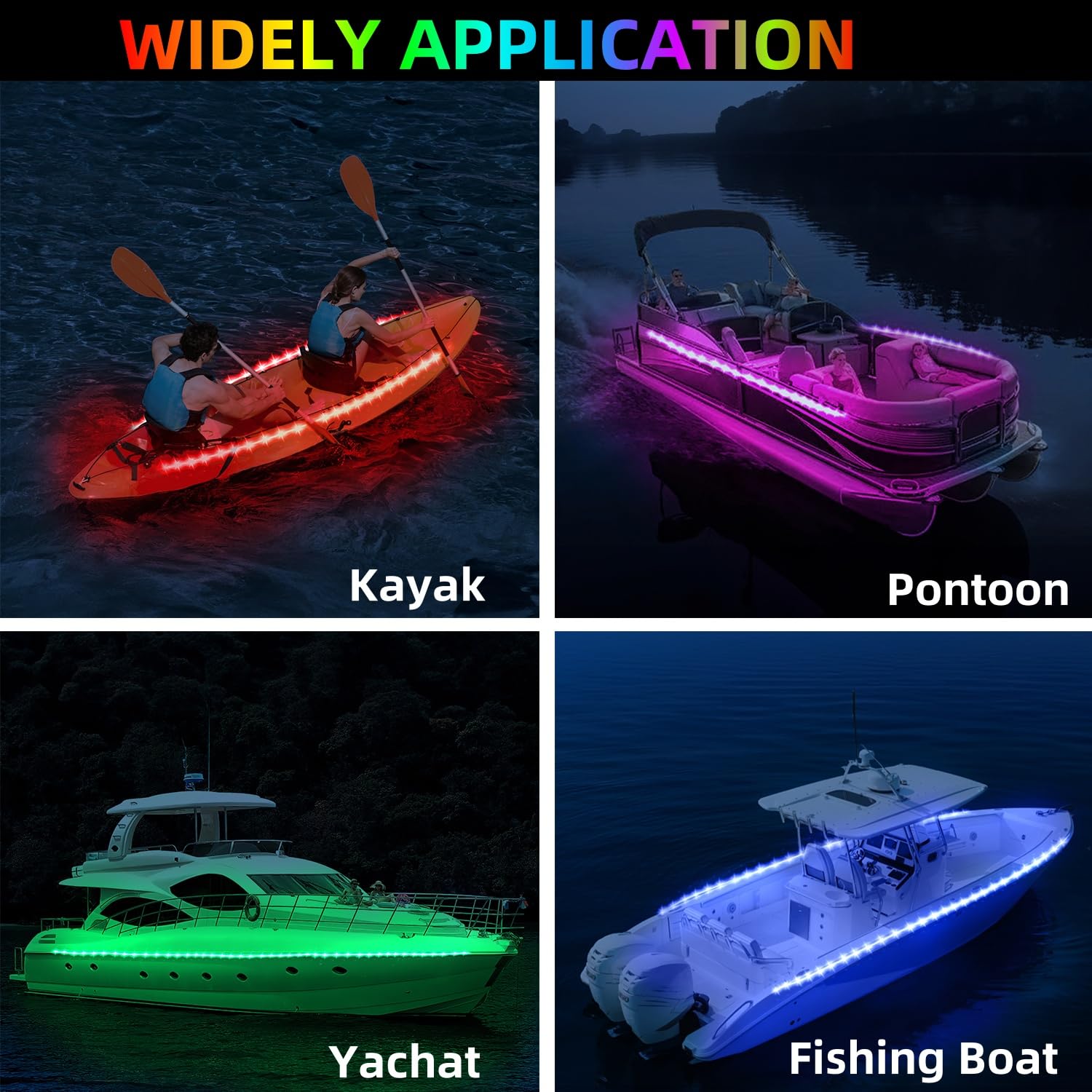 Waterproof RGB Color Changing LED Kayak Lights - IP68 Marine Boat Strip Lights with Remote for SUP, Canoes, Paddleboards (2 Pack) - Perfect for Night Fishing, Boating & Water Sports